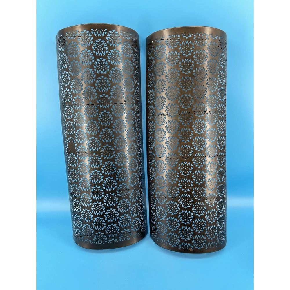 Set of 2 Bronze Wall Candle Sconces Pierced Metal Decorative Lantern Holders